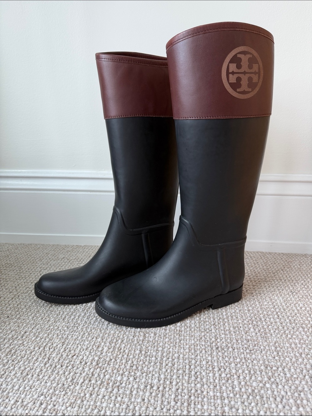 Tory Burch Black Rubber Rain Boots with Brown Cuff
